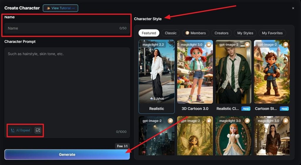 choose style for the cartoon character