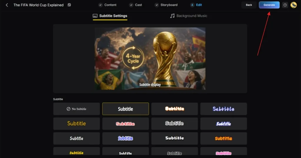 generate captions and music world cup video