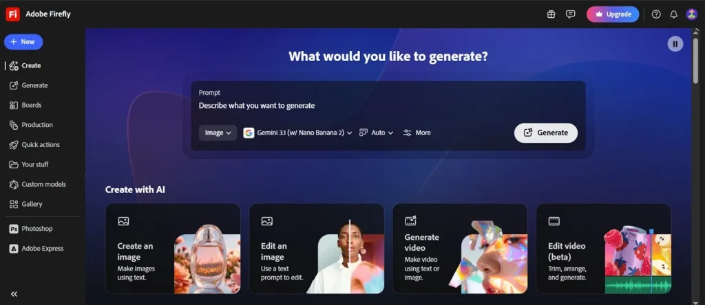 adobe firefly generative AI dashboard interface