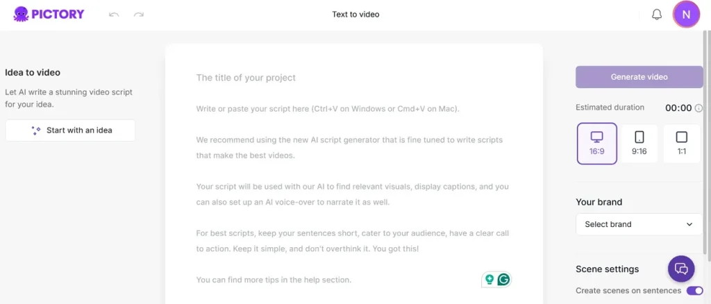 main interface of ai video generating pictory