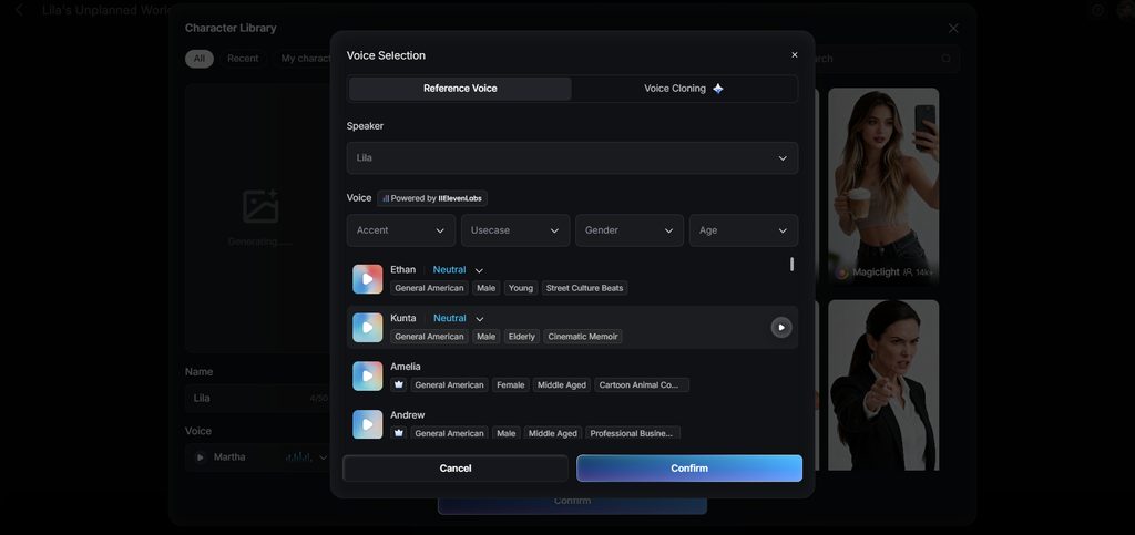 select ai voices magiclight videos