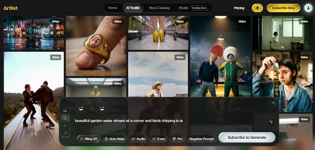 artlist ai vido generato interface