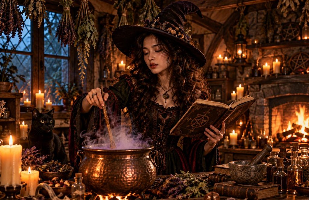 sorceress brewing potion beside fireplace