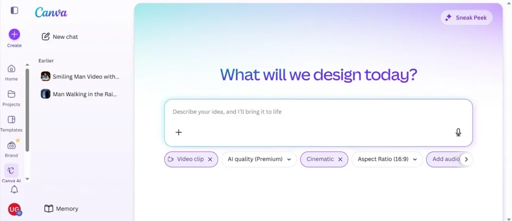 generate video interface canva ai