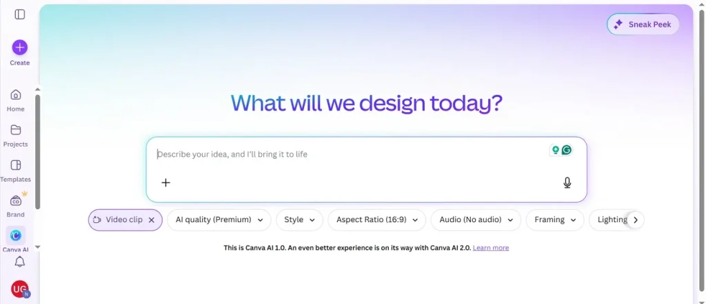 homepage of canva ai video generator