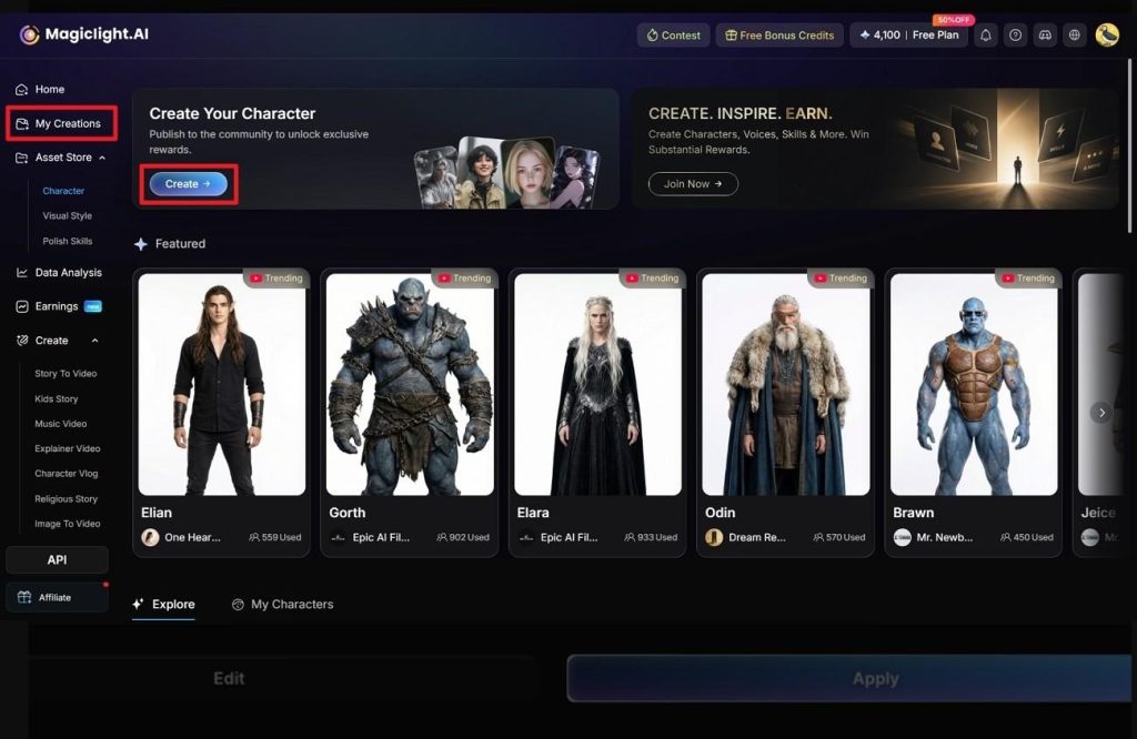open saved character library