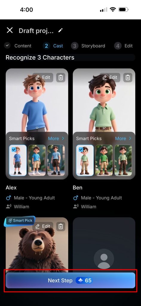 select characters for 3d animation