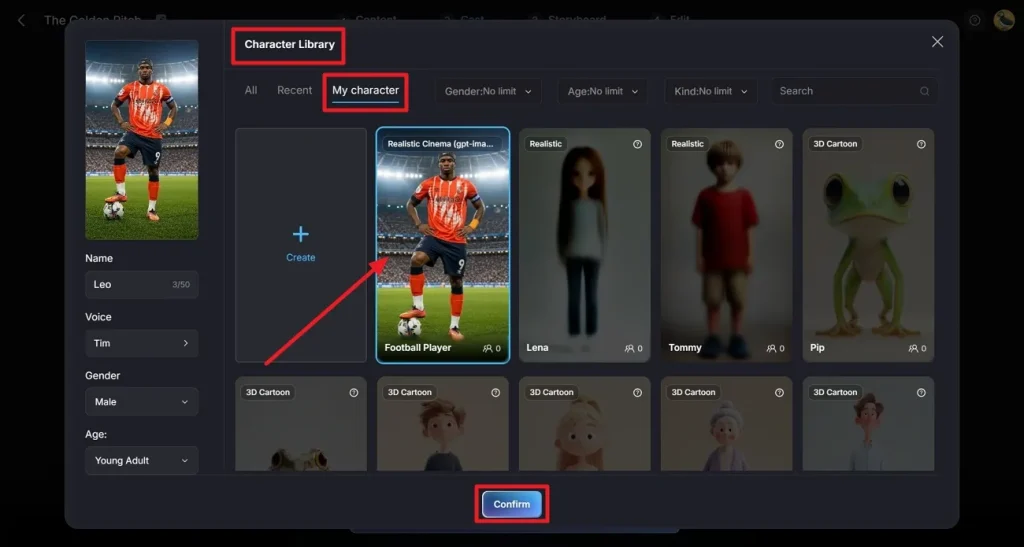 choose generated footballer from library