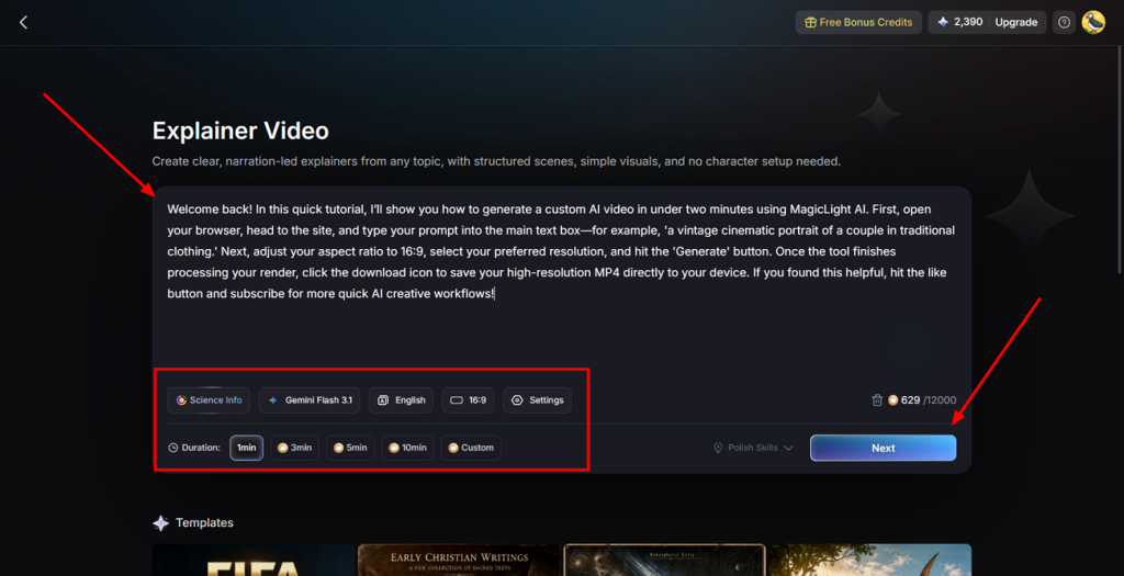determine explainer video settings magiclight ai