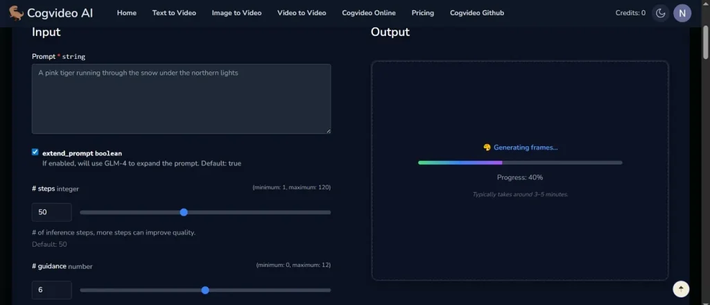 cogvideo ai video generating screen