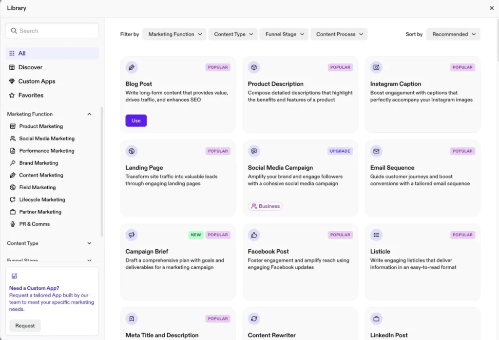 ai content library dashboard jasper