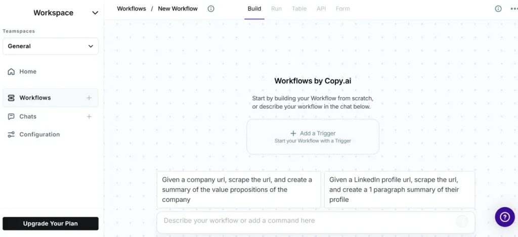 main dashboard of copy ai