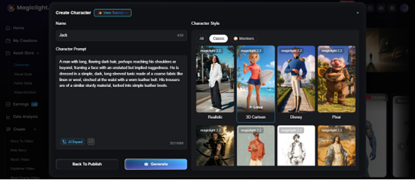 generate ai character in magiclight ai