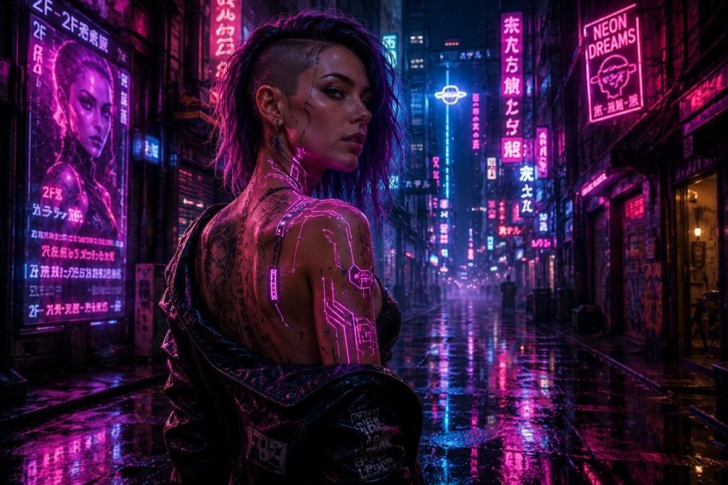 glowing street girl standing image