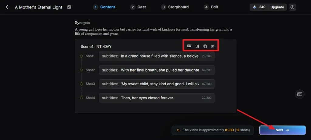 edit/delete scene then press next