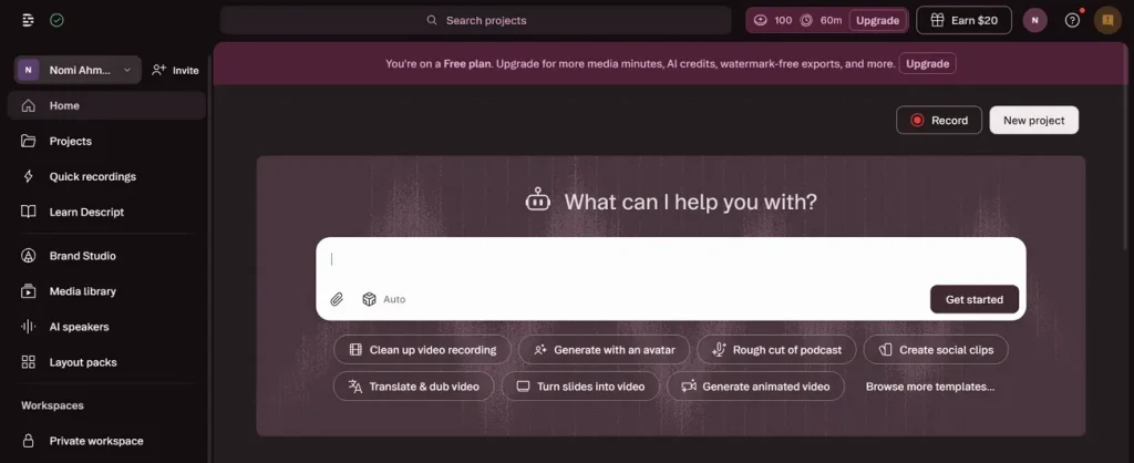 video generator interface of descript tool