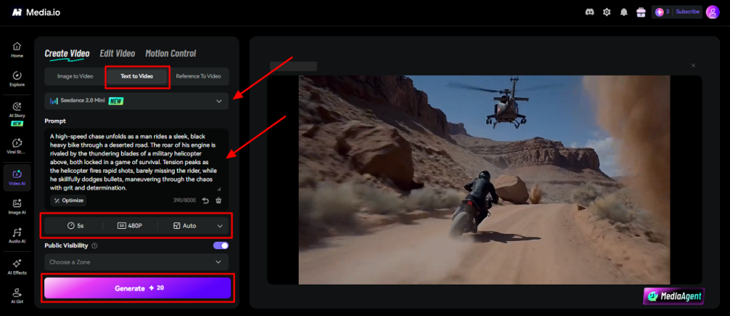 generate ai video with media io
