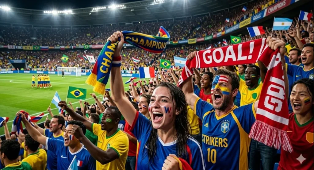 fans wave flags and cheering