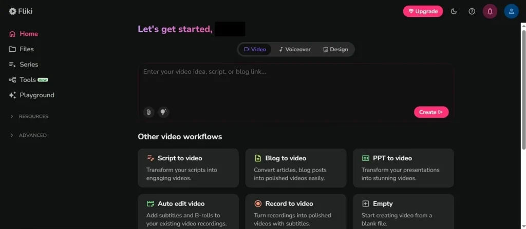 main screen of fliki ai video generator
