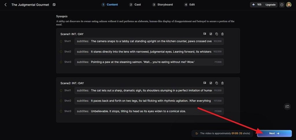 review generated script scenes and shots