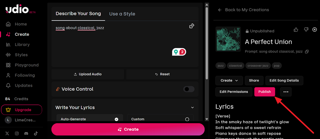 publish a generated udio song