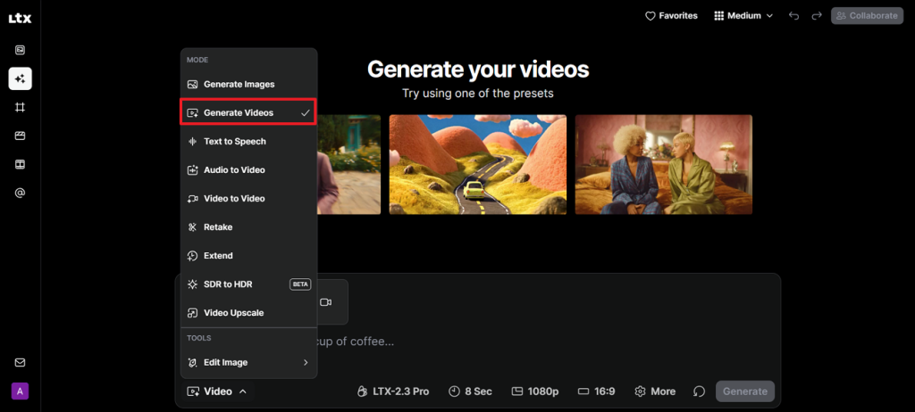 choose generate video mode