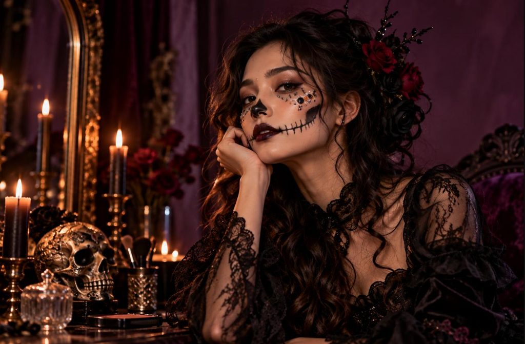 woman wearing elegant skull cosmetics