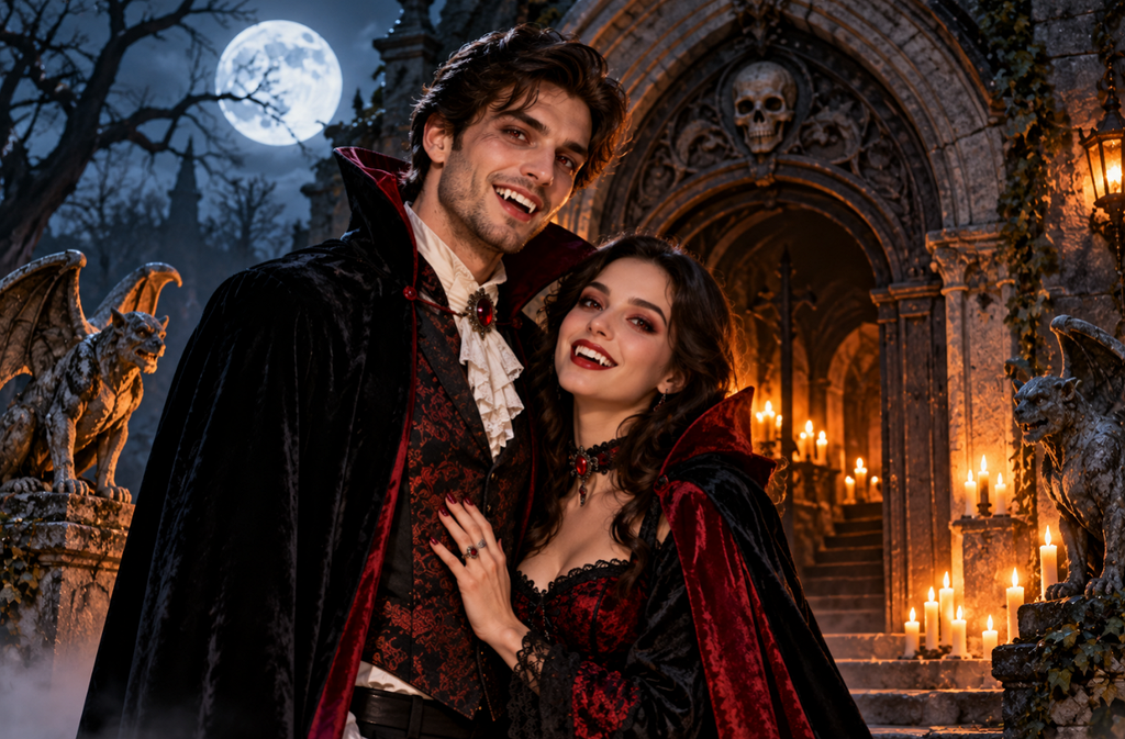 lovers posing outside moonlit crypt