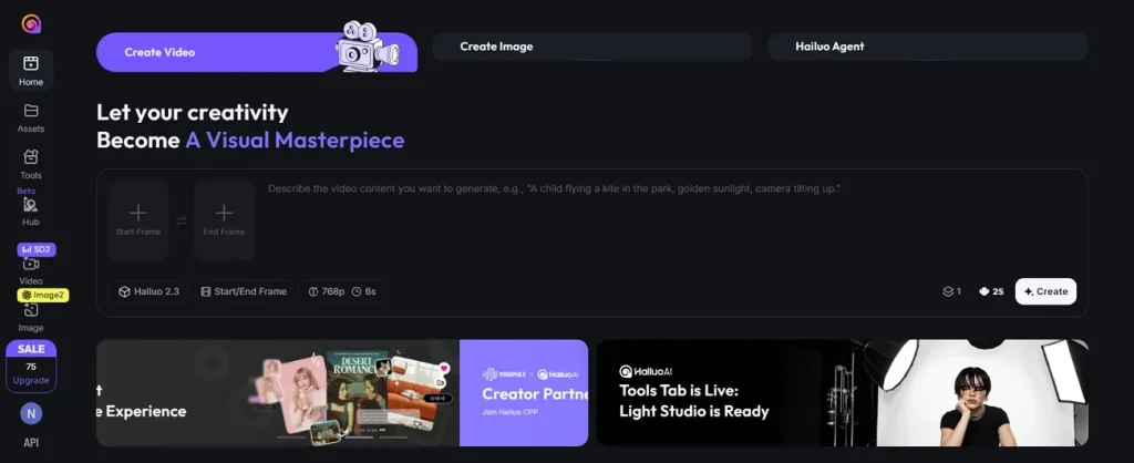 main dashboard of hailuo ai