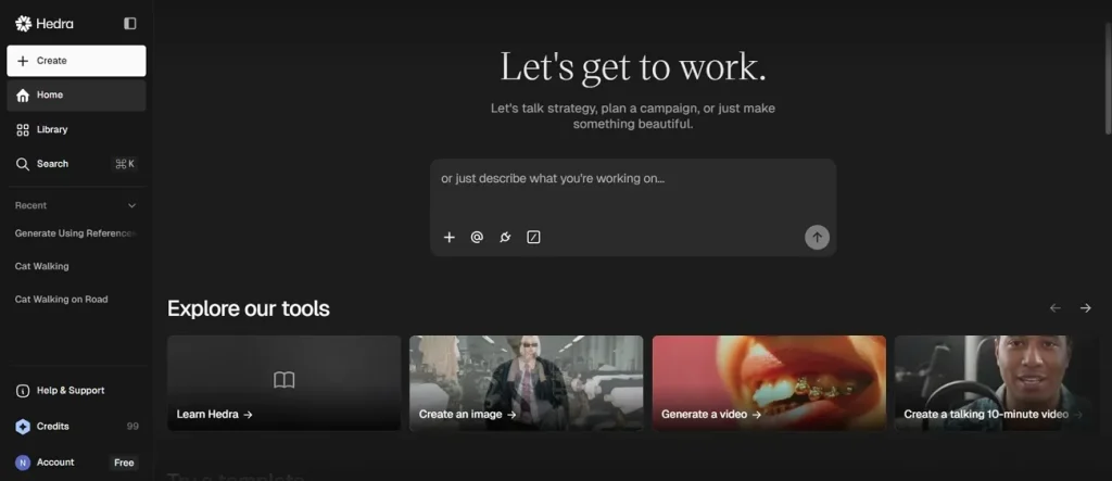 main dashboard of hedra ai