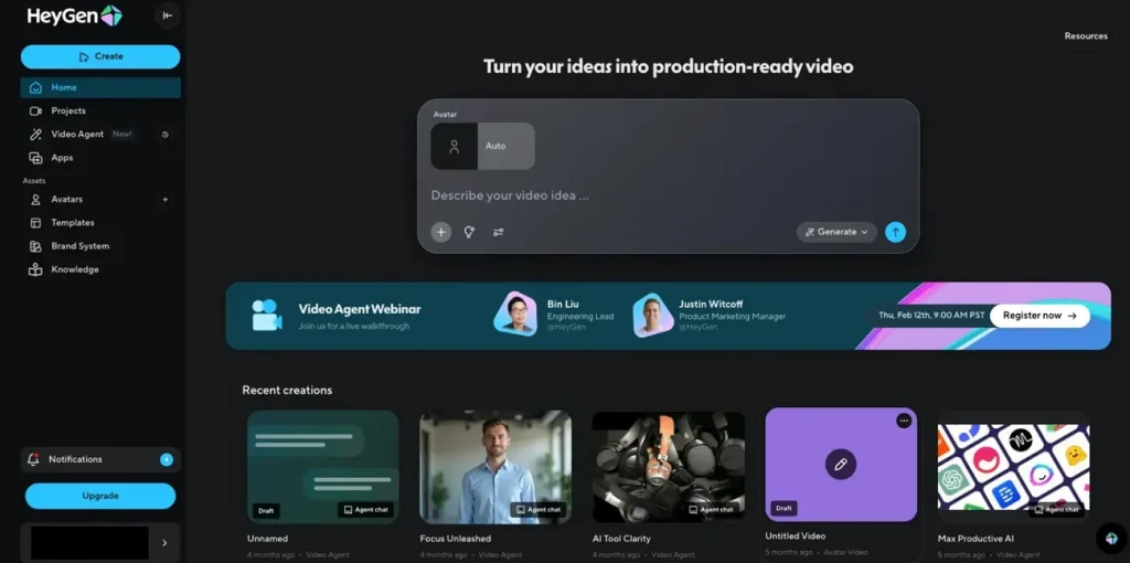 main screen of heygen ai video generator