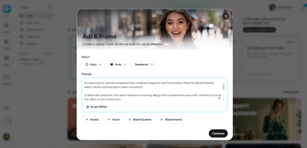 prompt window for creating product ads