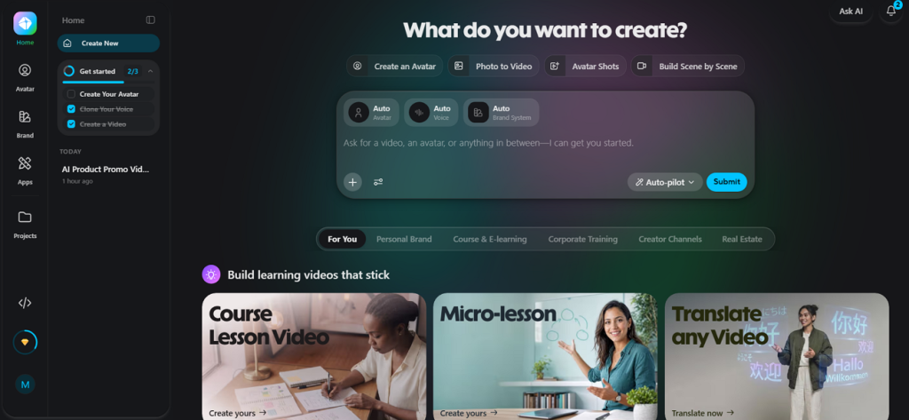 main screen of heygen ai
