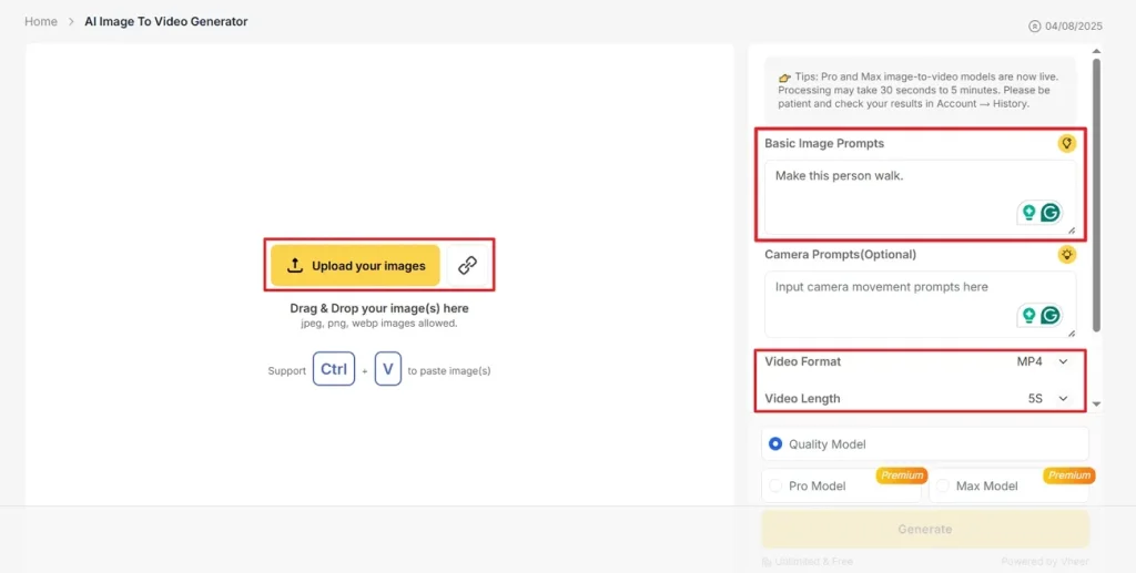 upload image vheer video generation