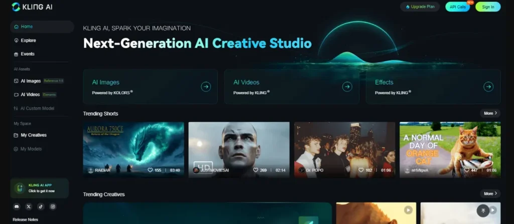 kling ai video tool home screen