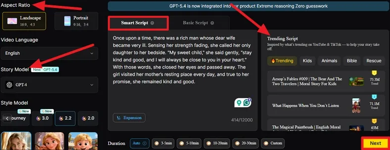 choose trending script and video specs