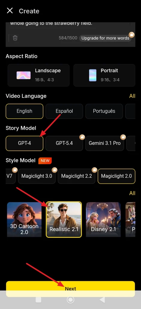 select story model animation press next