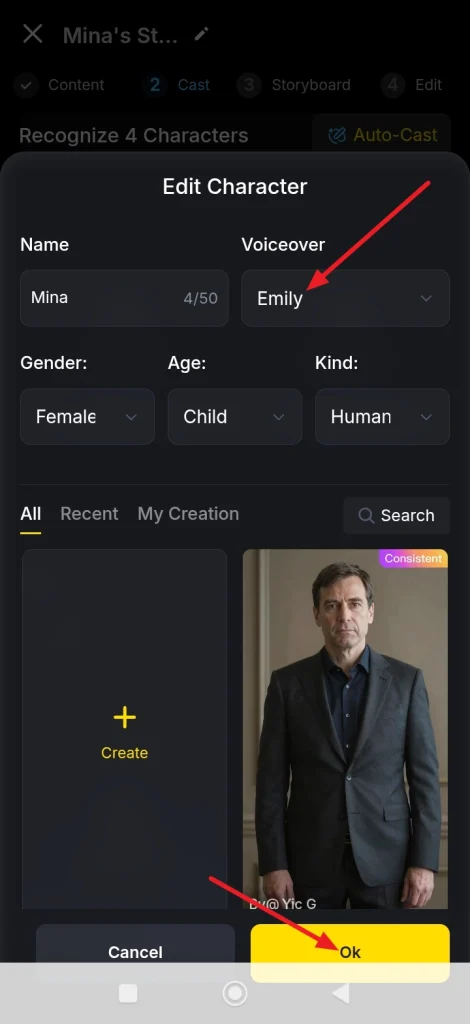 select voiceover for characters press ok