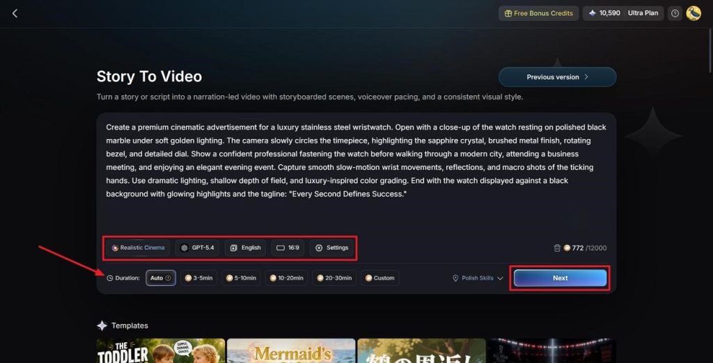 script settings before generating video advertisement