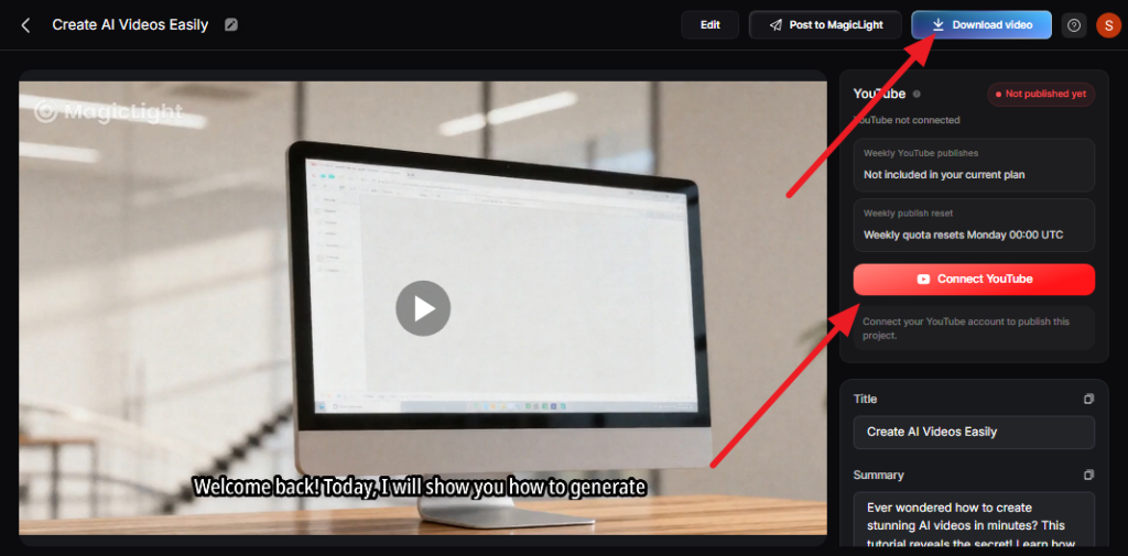 download or publish video magiclight ai