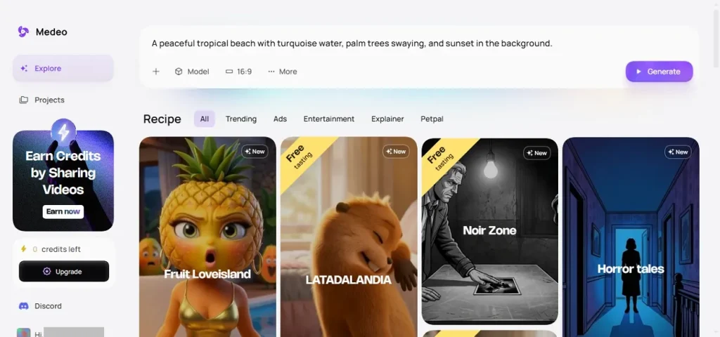 medeo ai video generator interface