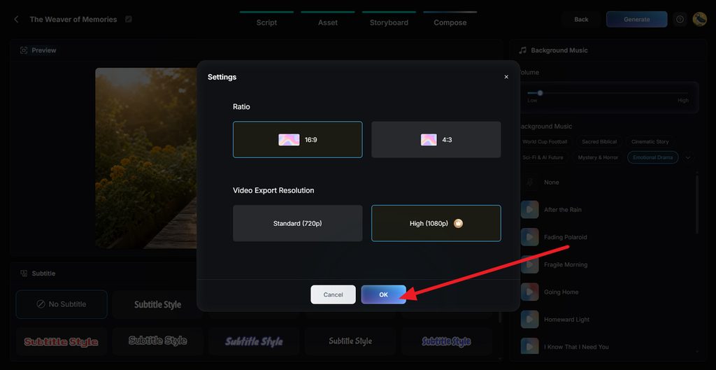 choose memorial video export settings