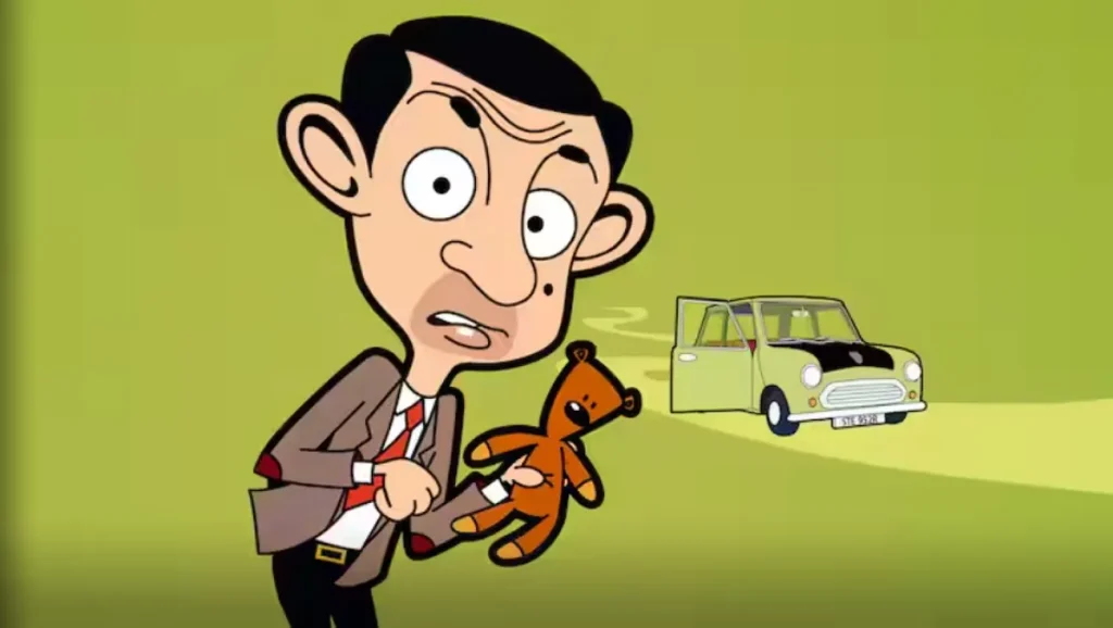startled mr bean holding teddy