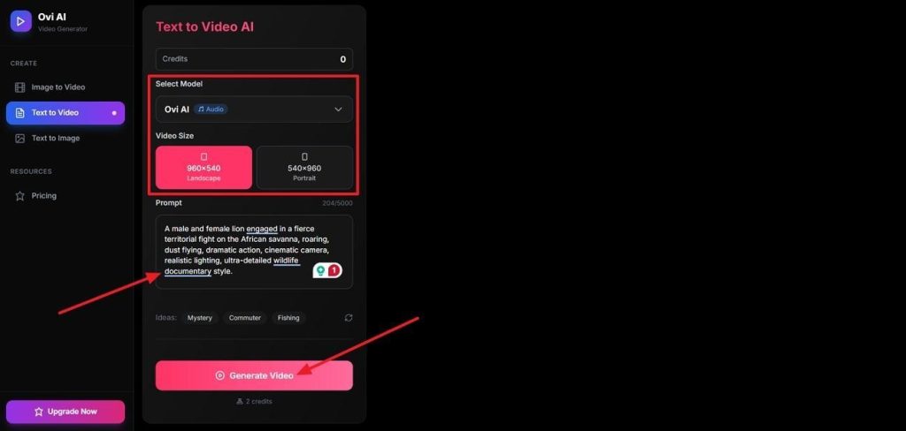 choose text to video ovi ai mode