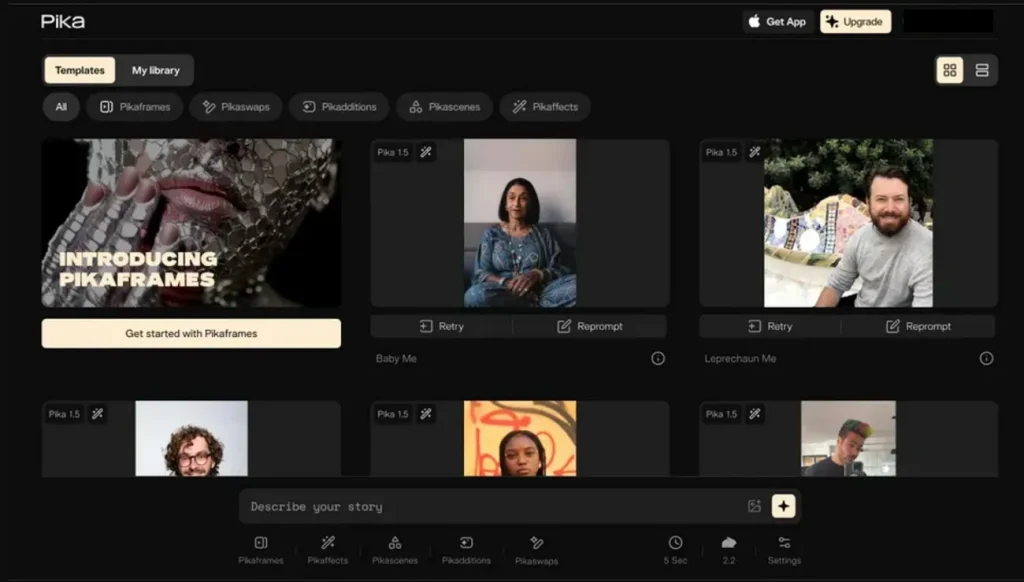 pika art ai video creation dashboard