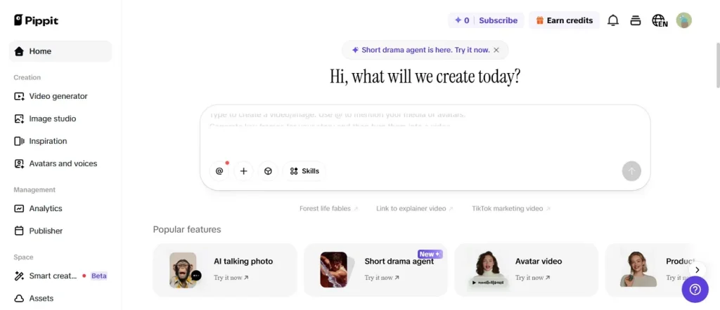 home dashboard of pippit ai