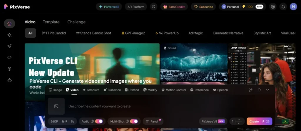 main dashboard of pixverse ai