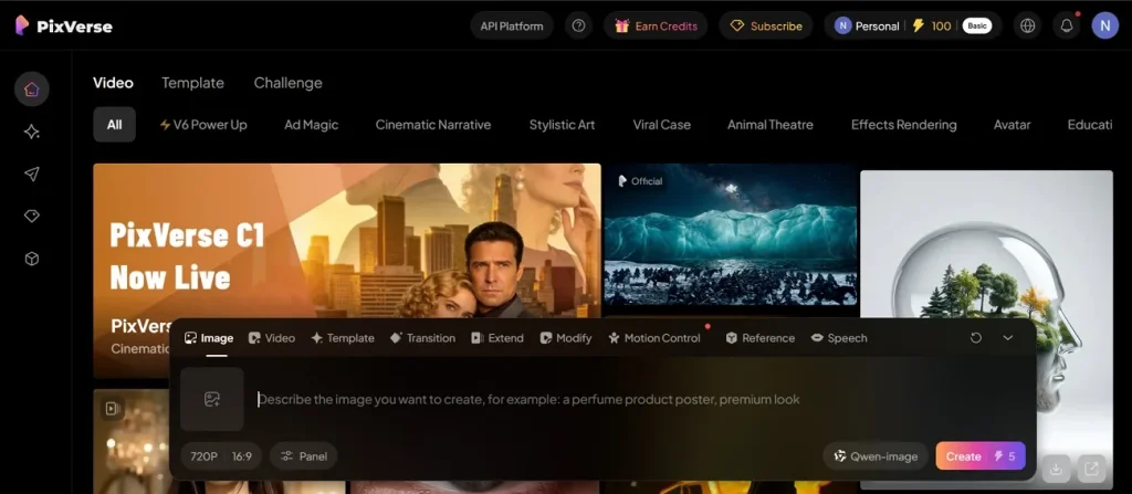 main screen of pixverse video creation