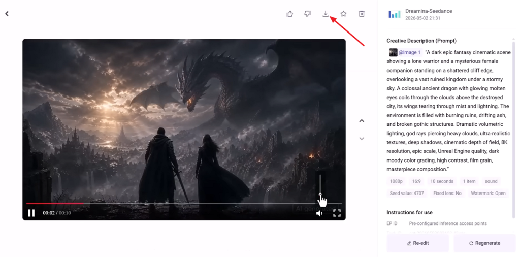 play download generated seedance video