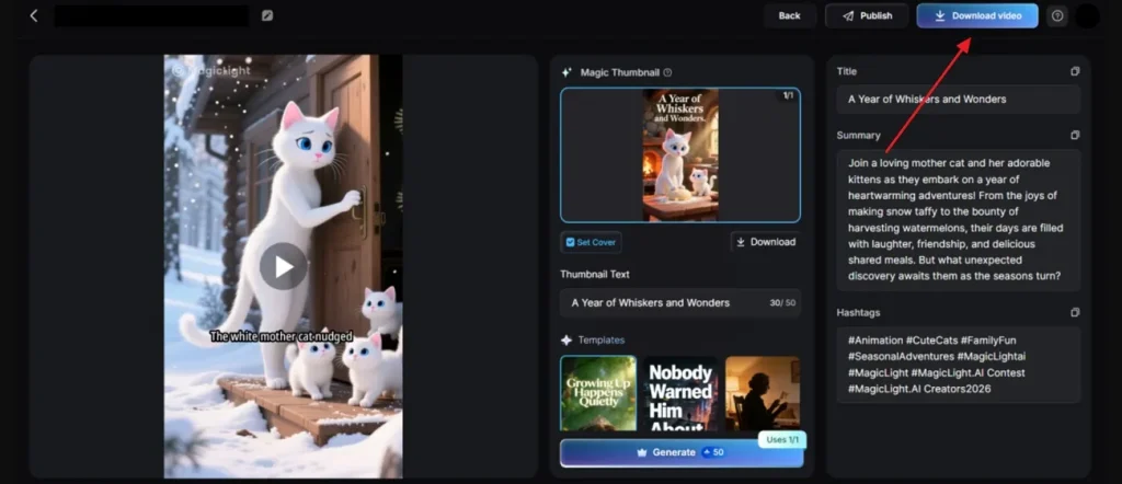 preview and download generated ai cat video
